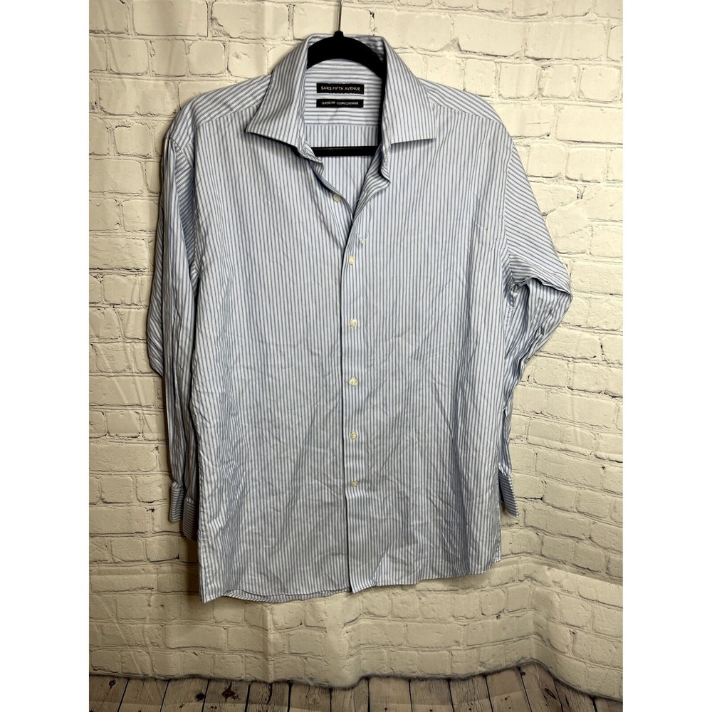 Saks Fifth Avenue Mens Striped Dress Shirt Blue White Classic Fit 15.5 32/33